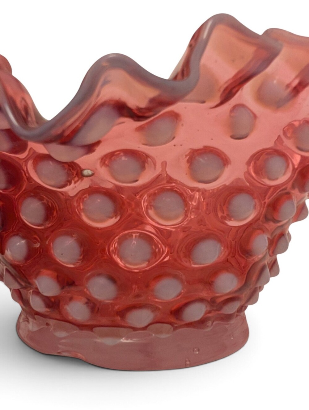 VINTAGE Fenton Hobnail Ruffled Bowl Glass Cranberry Pink Red White BonBon Dish - Picture 6 of 10
